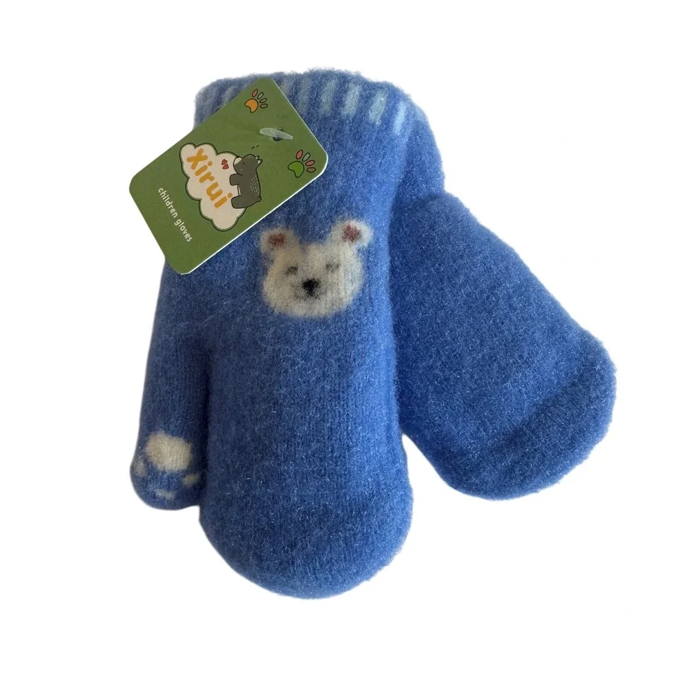 Kids Blue Knit Mittens Bear Face Paw Print Winter Gloves NWT
